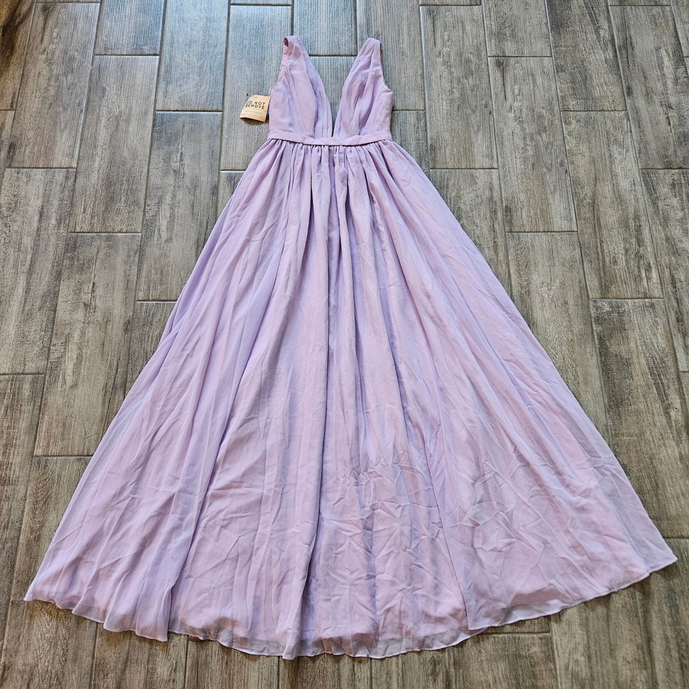 Fame and Partners Lilac Purple Deep V-Neck Pleated Maxi Gown Dress SZ 4 NEW READ
